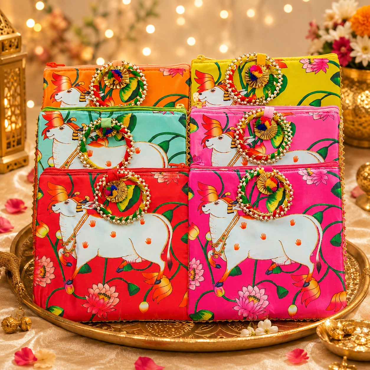 (R-012) (MOQ: 10Pcs) Pichwai Cow Print Zip Pouches for Gifts