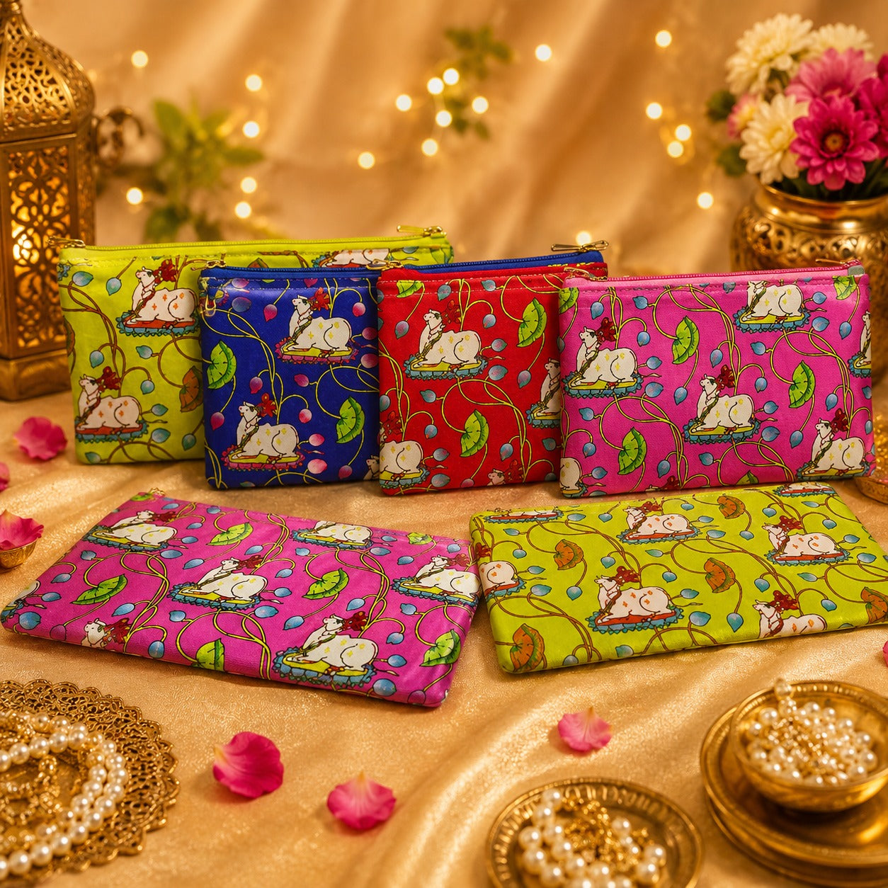 (R-012) (MOQ: 10Pcs) Pichwai Cow Print Zip Pouches for Gifts