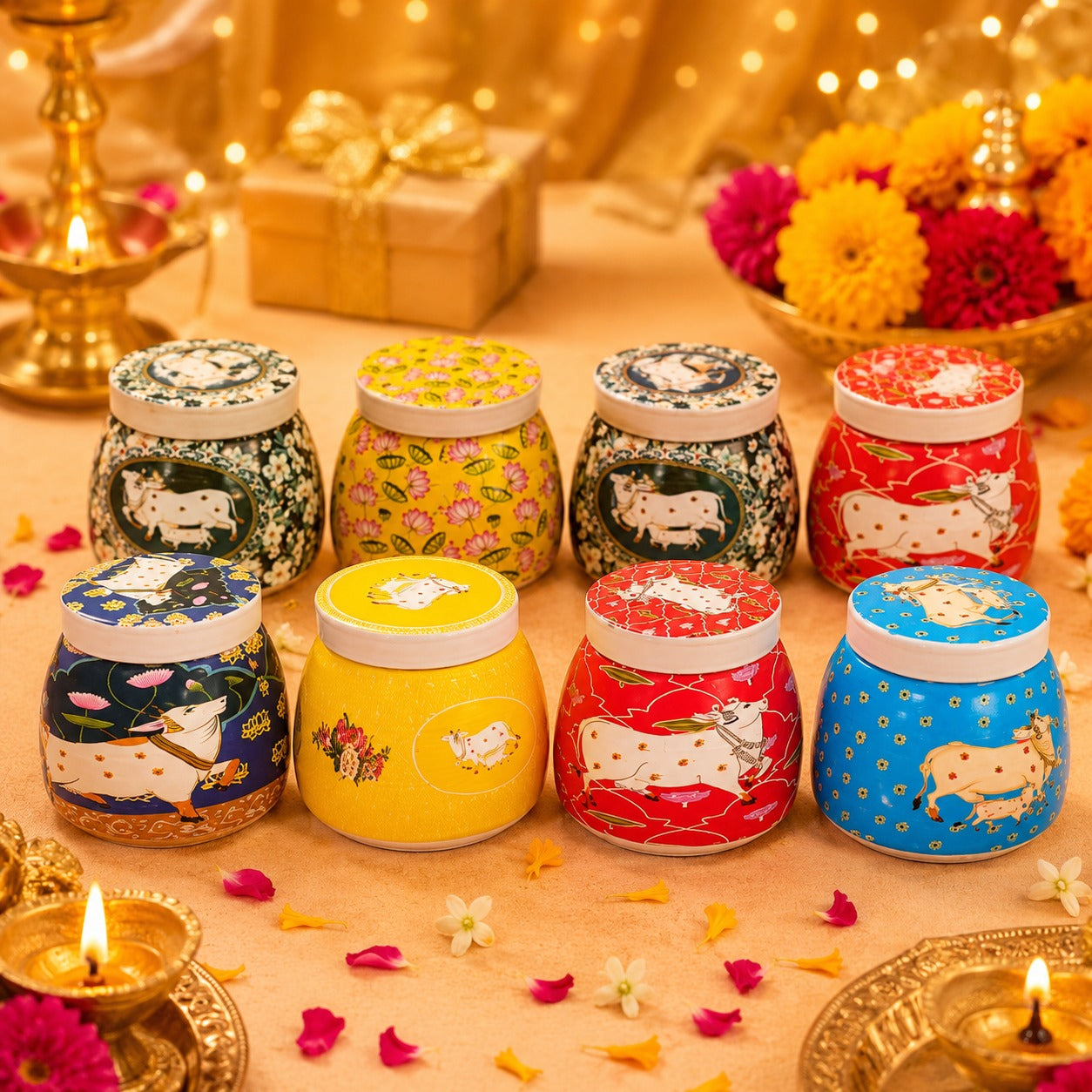 (R-005) (MOQ: 10 Pieces) Decorative Handi Container with Pichwai Print Jar