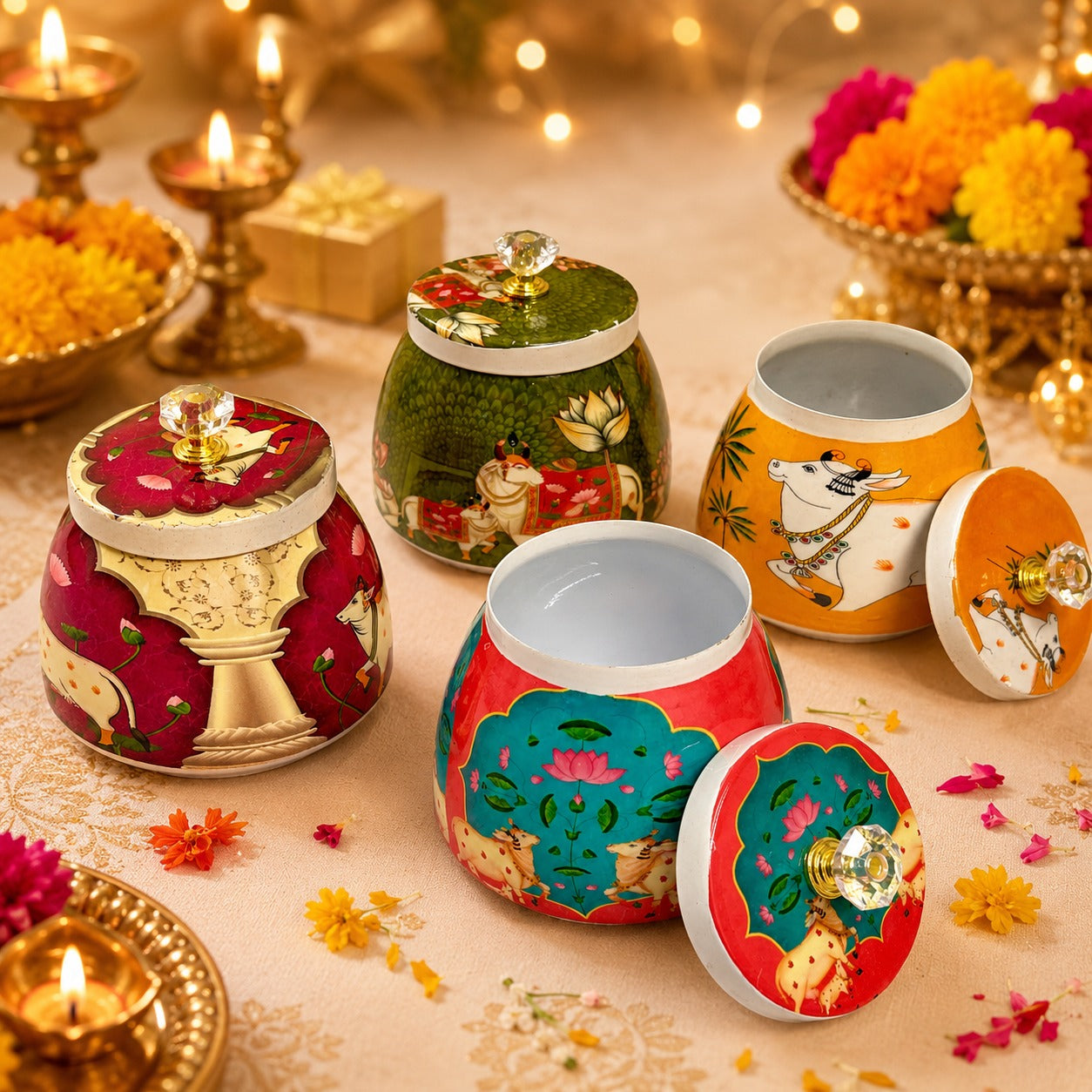 (R-005) (MOQ: 10 Pieces) Decorative Handi Container with Pichwai Print Jar