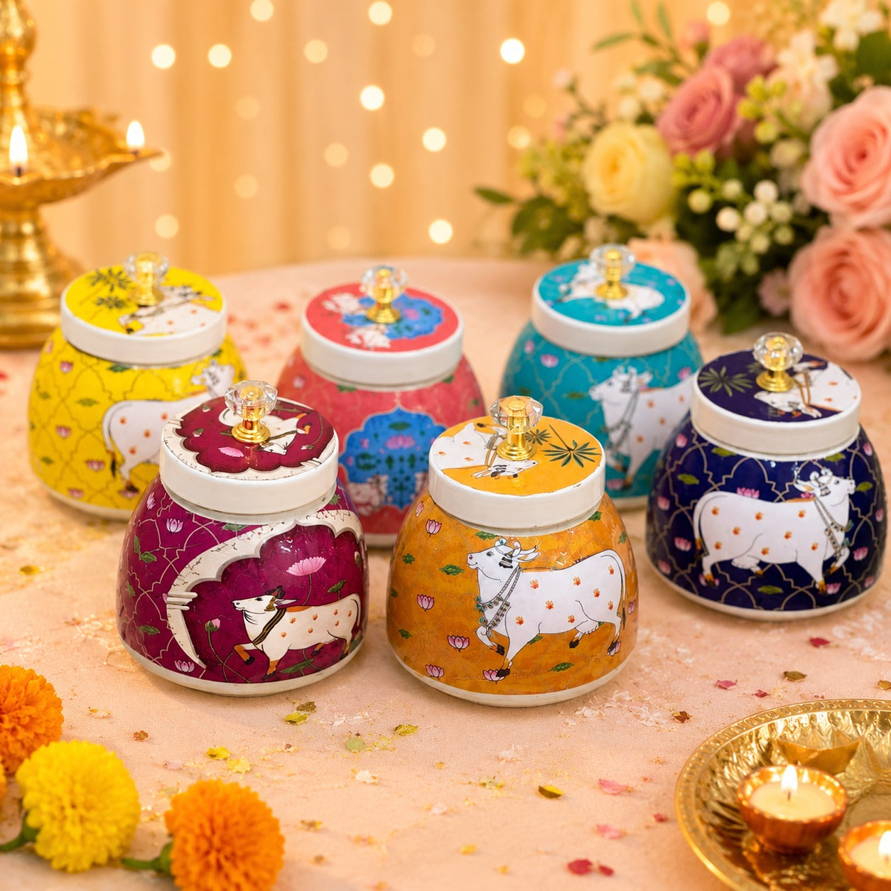 (R-005) (MOQ: 10 Pieces) Decorative Handi Container with Pichwai Print Jar