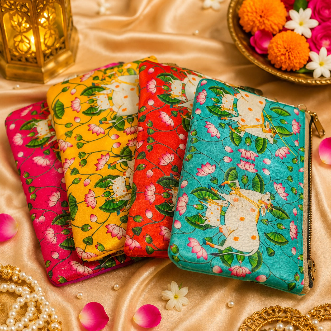 (R-012) (MOQ: 10Pcs) Pichwai Cow Print Zip Pouches for Gifts