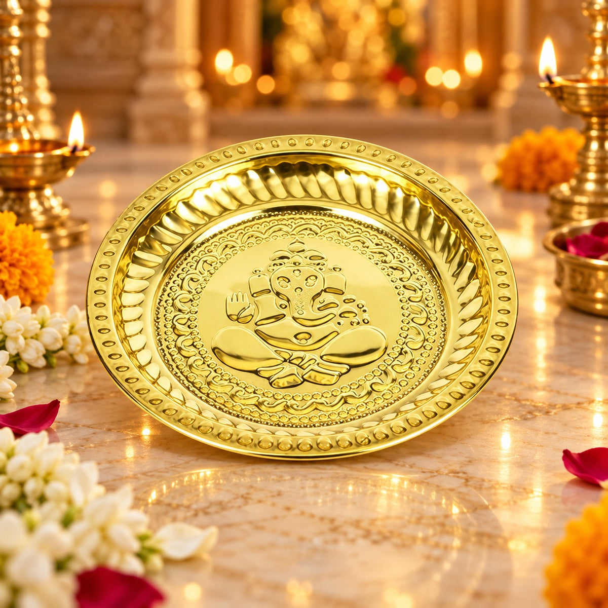 (MG9) (MOQ: 6 Pcs) Traditional Brass Ganesha Pooja Plate for Daily and Festive Rituals