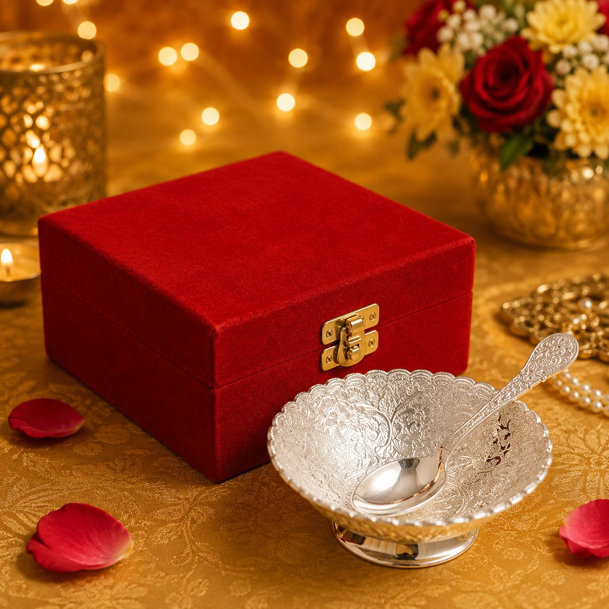 (R-017) German Silver Bowl and Spoon Set in Royal Velvet Box