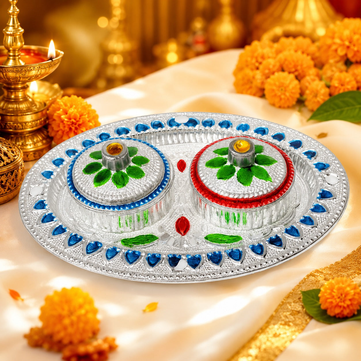 (R-029) (MOQ: 4 Pcs) Decorative Haldi Kumkum Pooja Plate Set with Twin Lidded Boxes