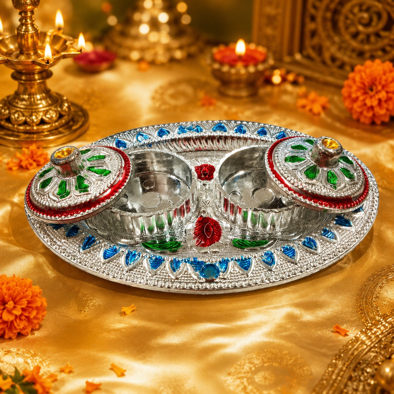 (R-029) (MOQ: 4 Pcs) Decorative Haldi Kumkum Pooja Plate Set with Twin Lidded Boxes