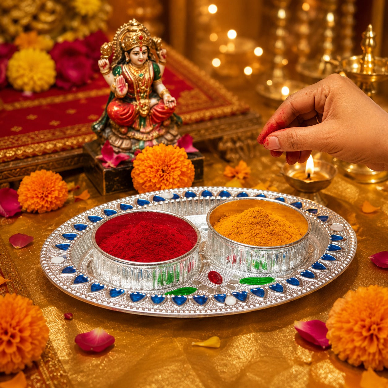 (R-029) (MOQ: 4 Pcs) Decorative Haldi Kumkum Pooja Plate Set with Twin Lidded Boxes