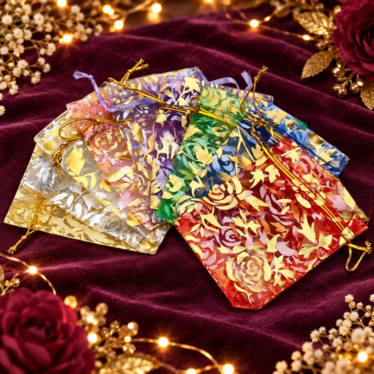 (R51) (MOQ: 30 Pcs) Beautiful Printed Satin Sheer Potli Bags for Return Gifts, 9.5 × 6.8 Inch