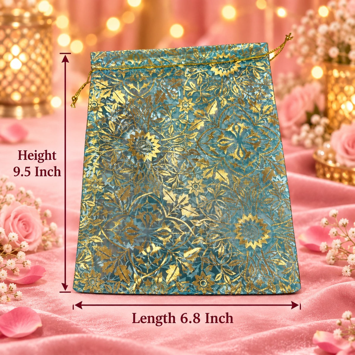 (R51) (MOQ: 30 Pcs) Beautiful Printed Satin Sheer Potli Bags for Return Gifts, 9.5 × 6.8 Inch