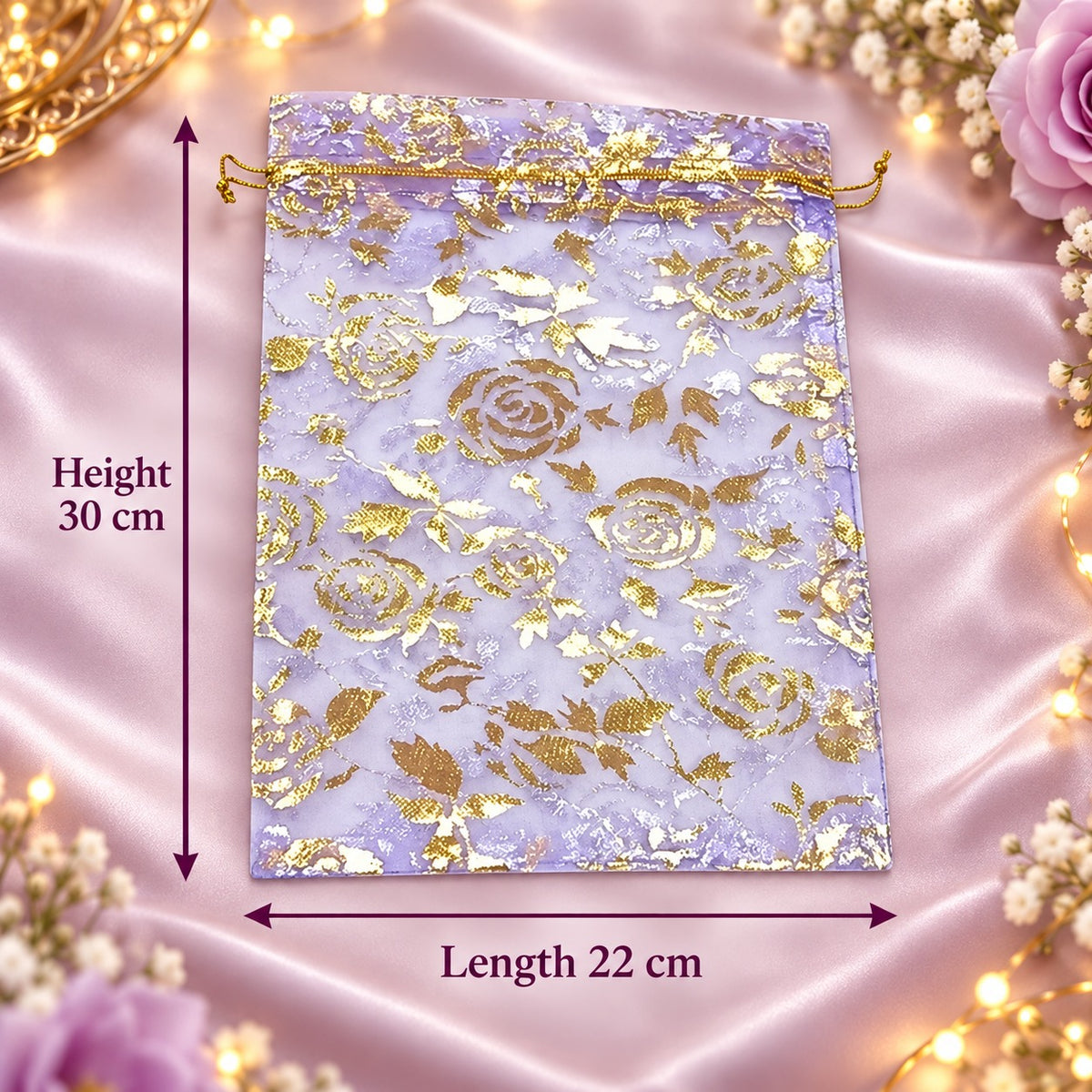 (R52) (MOQ: 30 Pcs) Printed Net Fabric Potli Bags for Return Gifts, 30 × 22 cm
