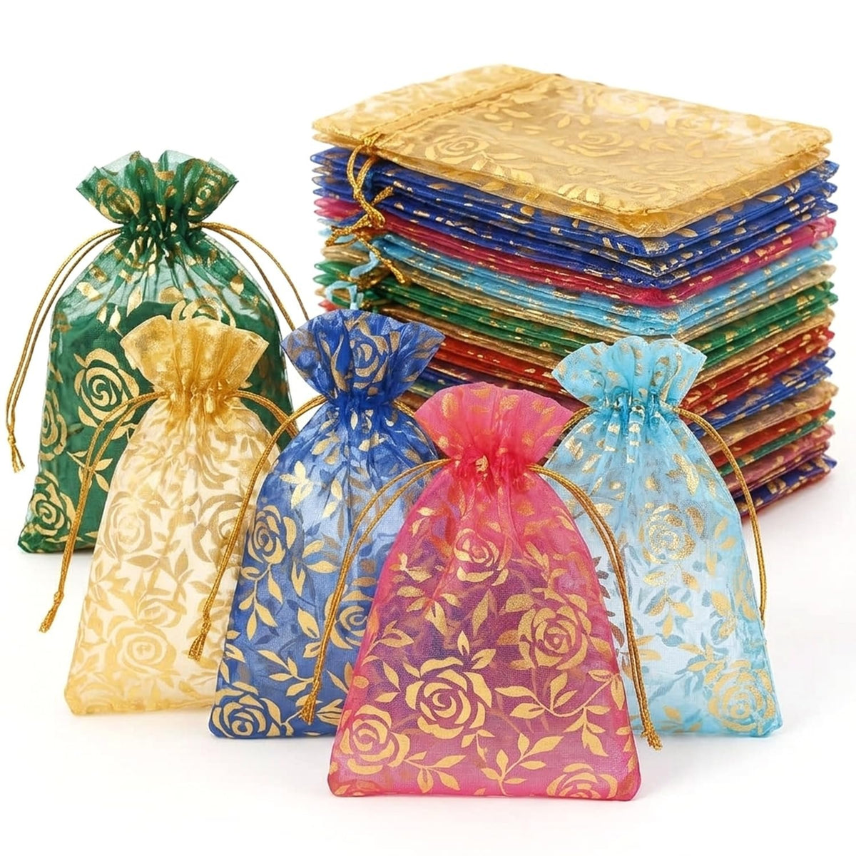 (R52) (MOQ: 30 Pcs) Printed Net Fabric Potli Bags for Return Gifts, 30 × 22 cm