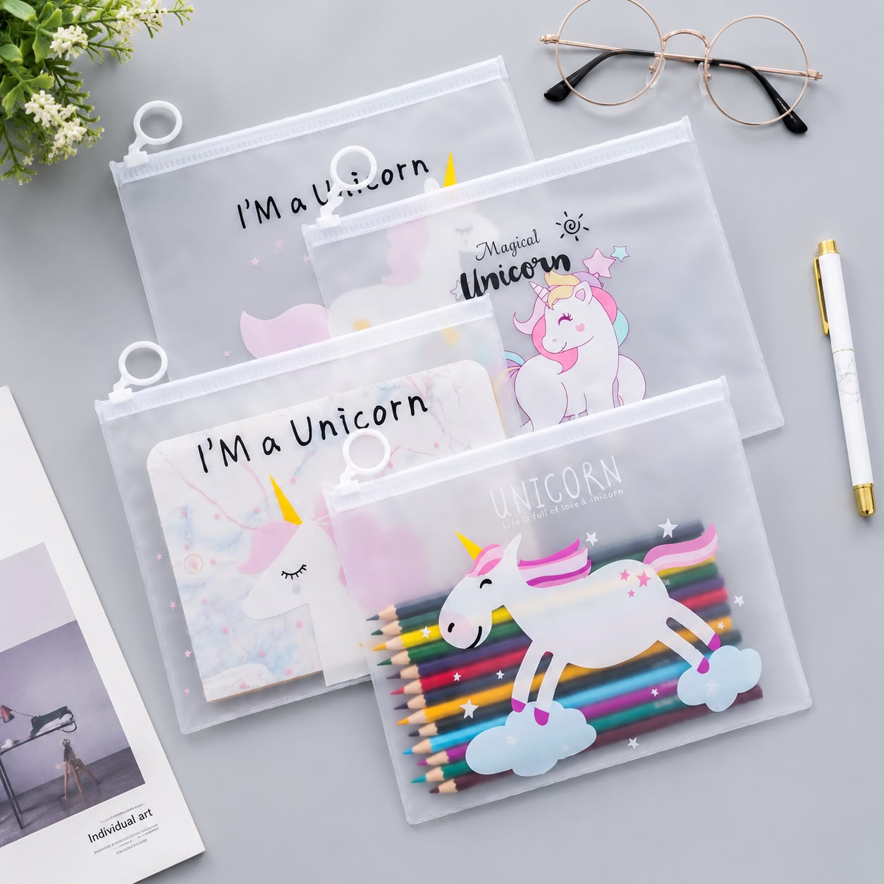 (S-010) (MOQ: 30 Pcs) Cartoon Transparent Zipper Pouch – Waterproof Stationery Organizer