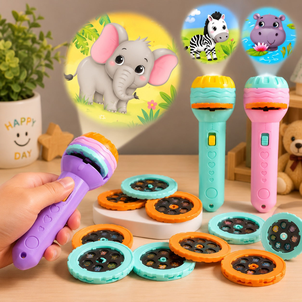 (T-025) (MOQ: 4 Pcs) Mini Projector Torch Toy Slide Flashlight Projector
