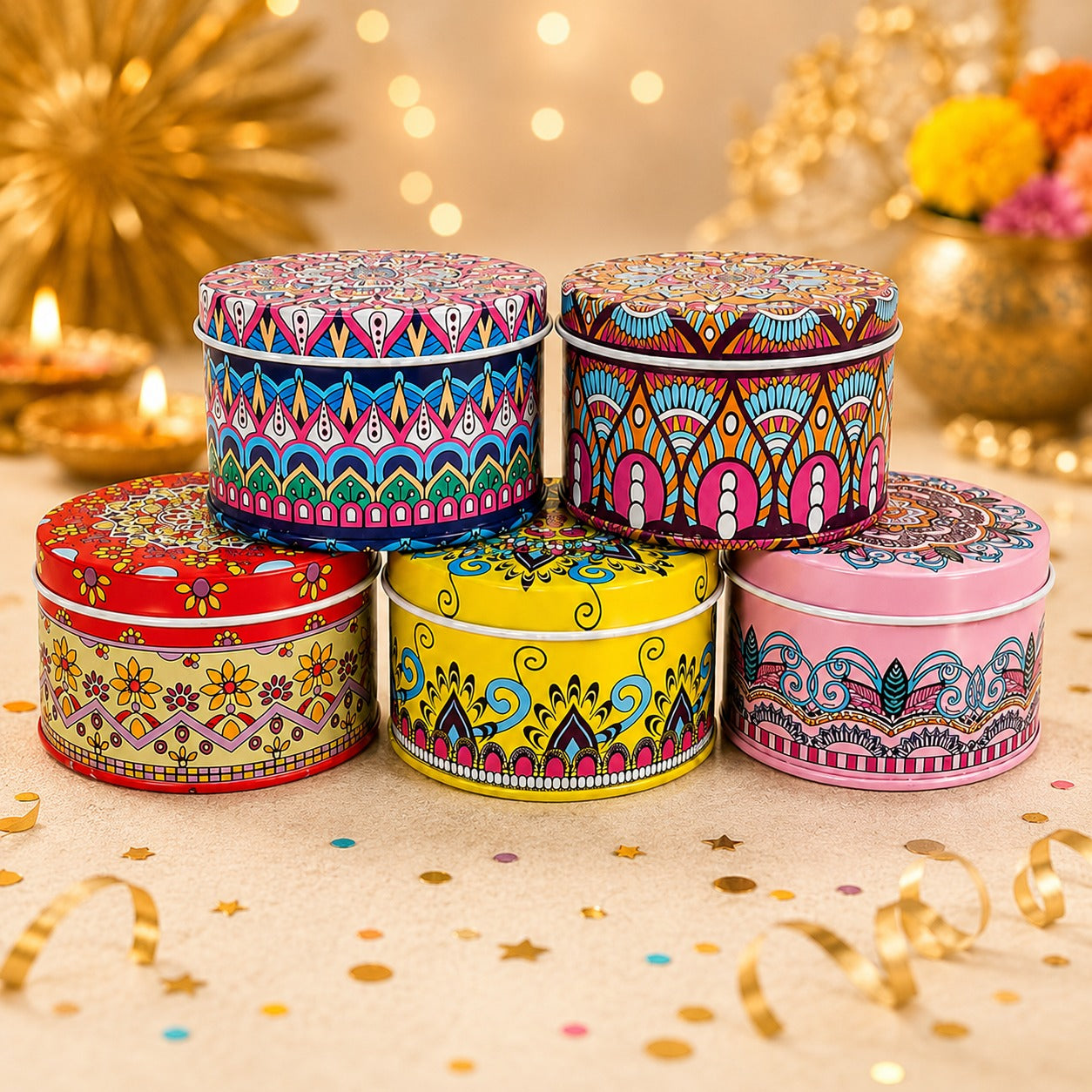 (R-030) (MOQ: 4 Pcs) Mini Decorative Printed Round Tin Container – Multipurpose Gift Box