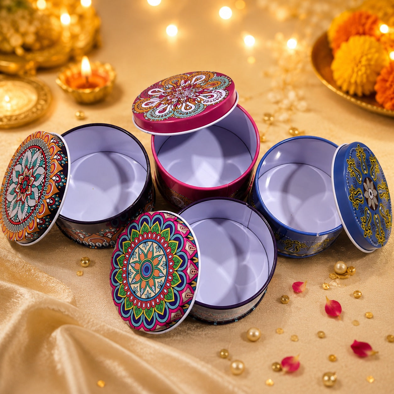 (R-030) (MOQ: 4 Pcs) Mini Decorative Printed Round Tin Container – Multipurpose Gift Box