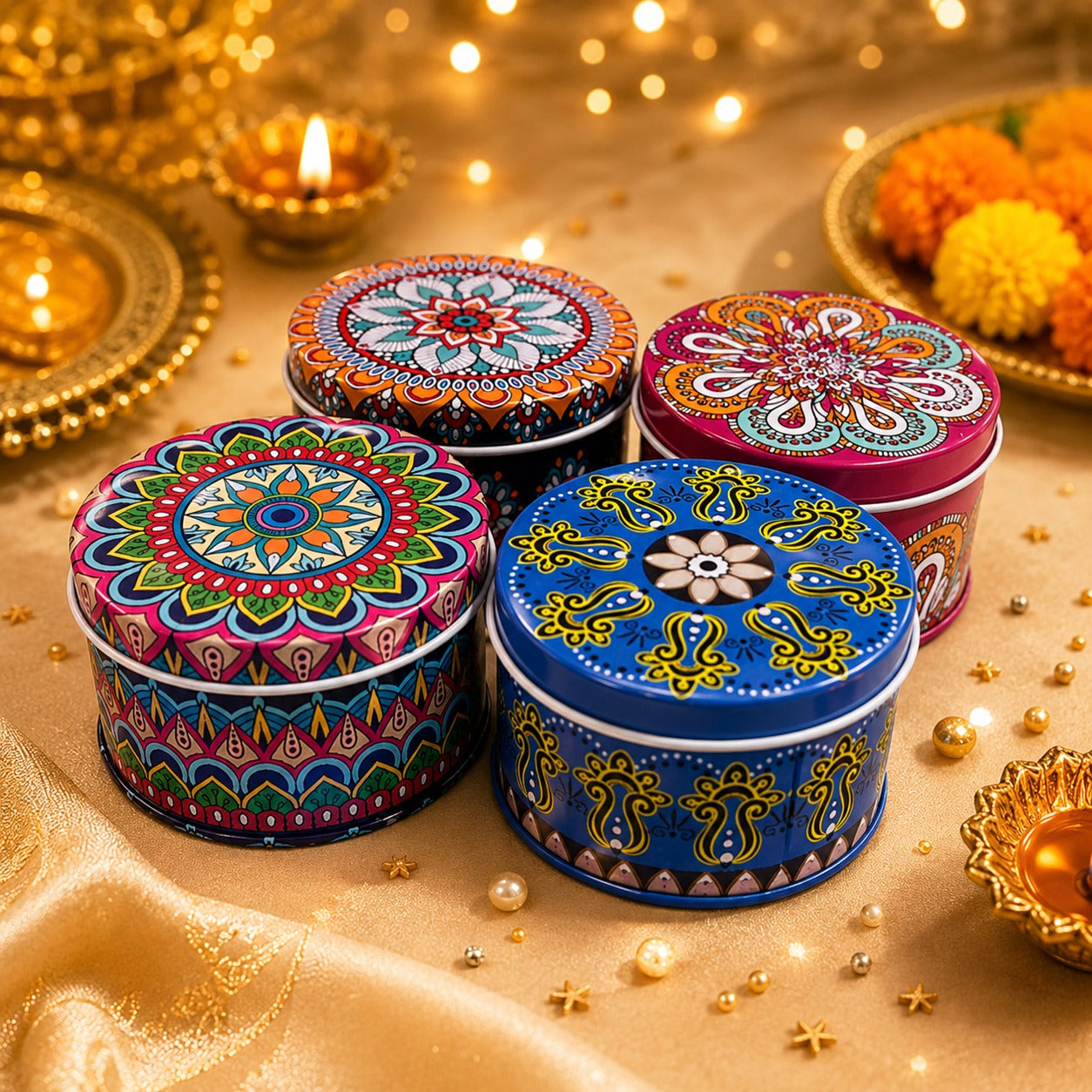 (R-030) (MOQ: 4 Pcs) Mini Decorative Printed Round Tin Container – Multipurpose Gift Box