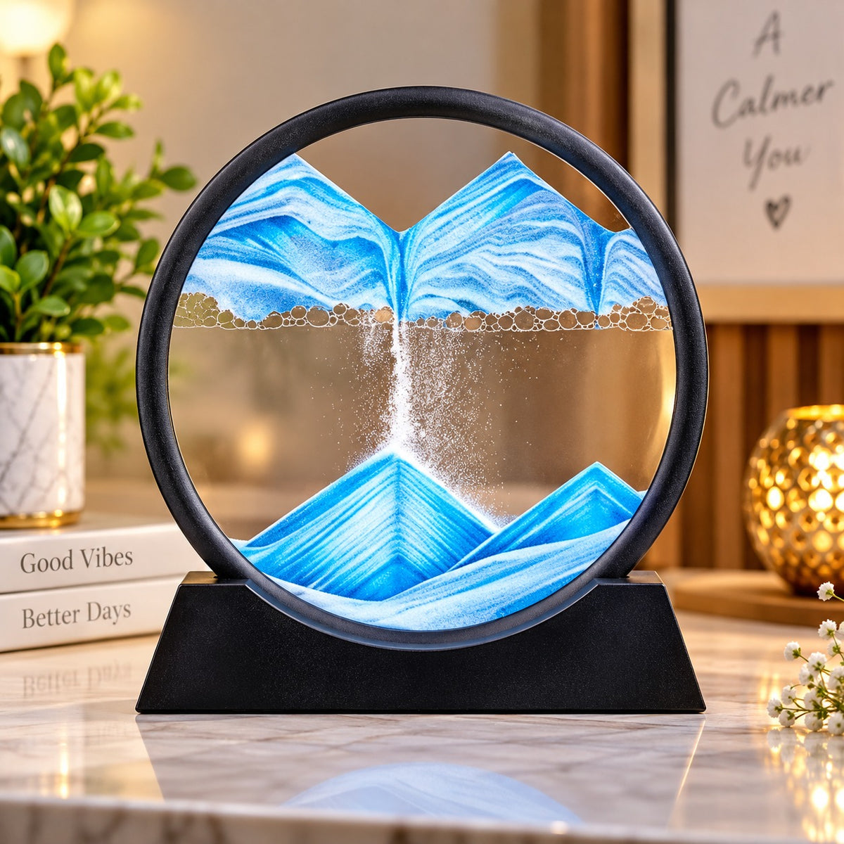 (G55) Sand Art Picture Liquid Motion 3D Round Glass Quicksand Decor