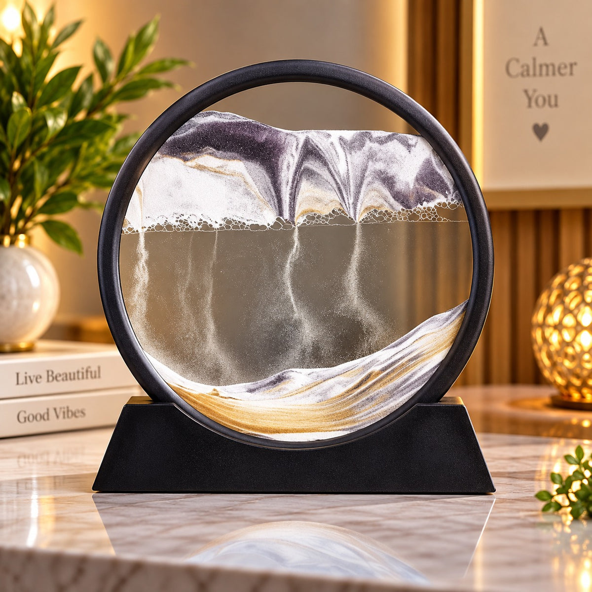 (G55) Sand Art Picture Liquid Motion 3D Round Glass Quicksand Decor
