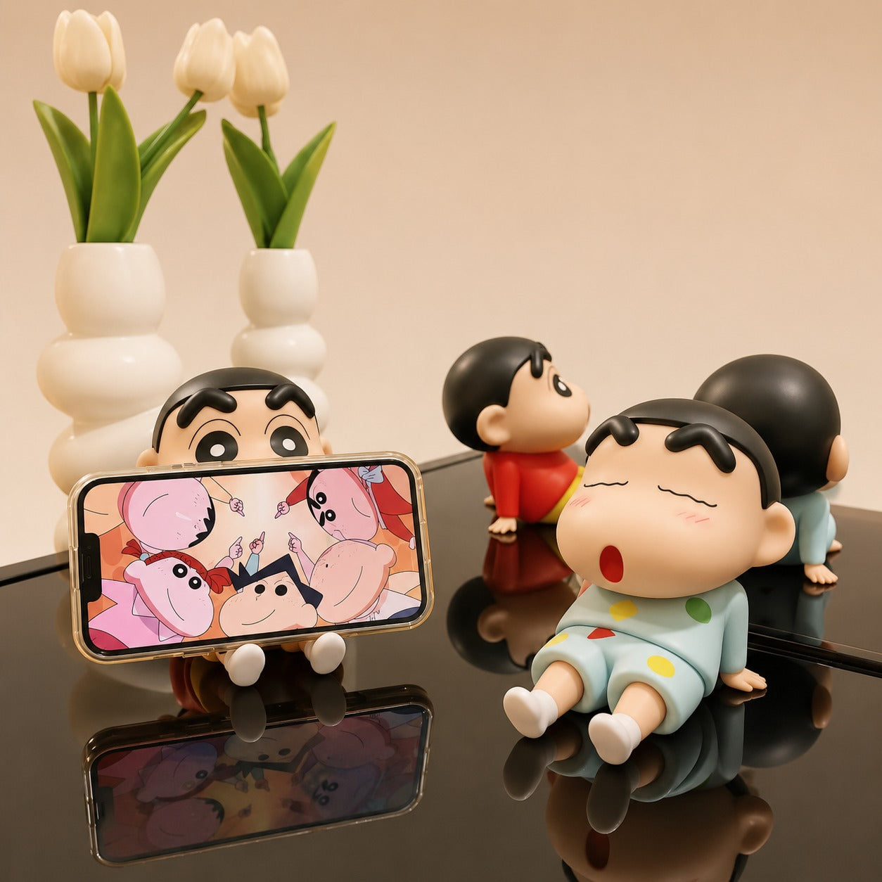 (M-003) Adorable Cartoon Sitting Figurine Phone Holder - Mini Desk & Car Decor Stand