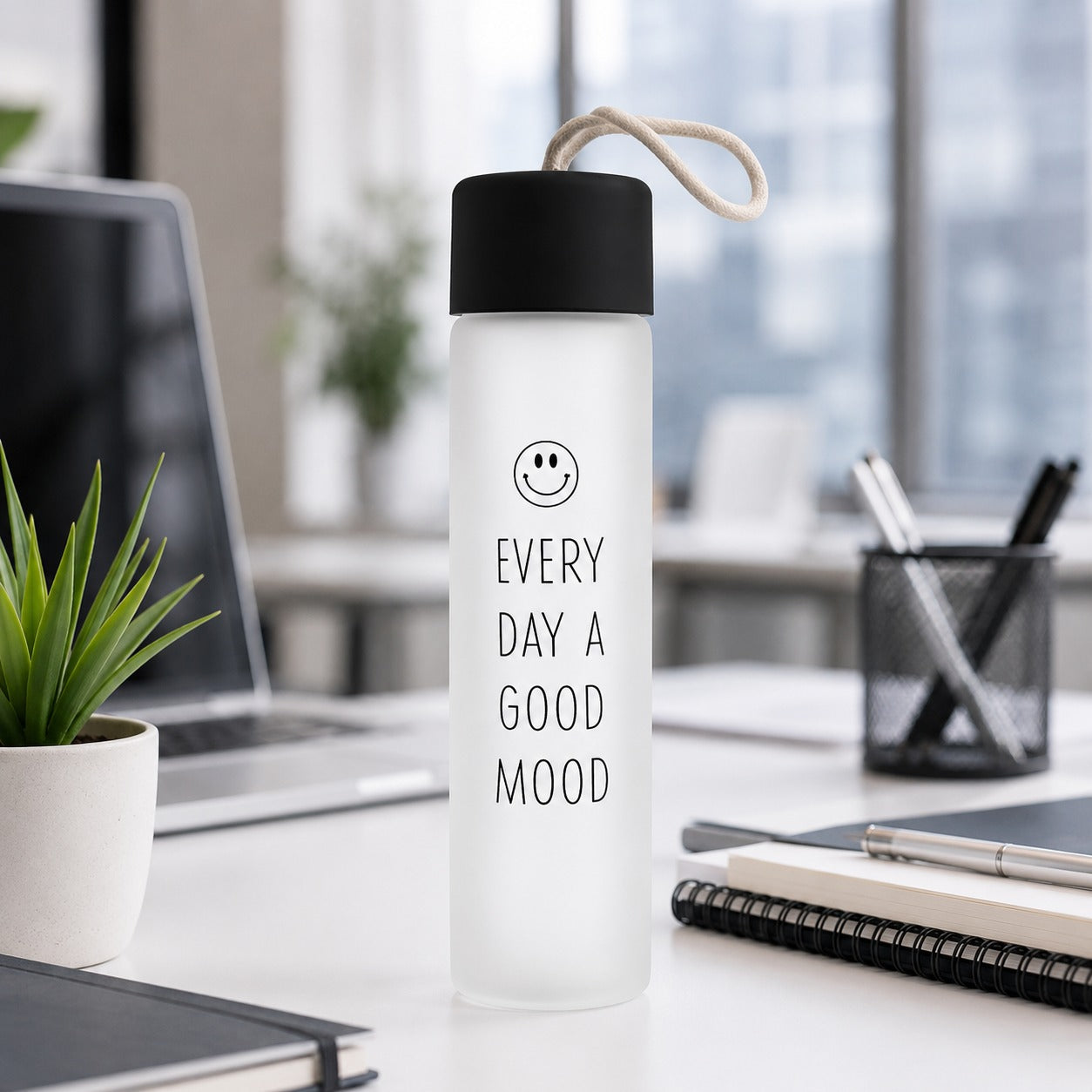 (B-044) (MOQ: 4 Pcs) Smiley Glass 350 Ml Water Bottle