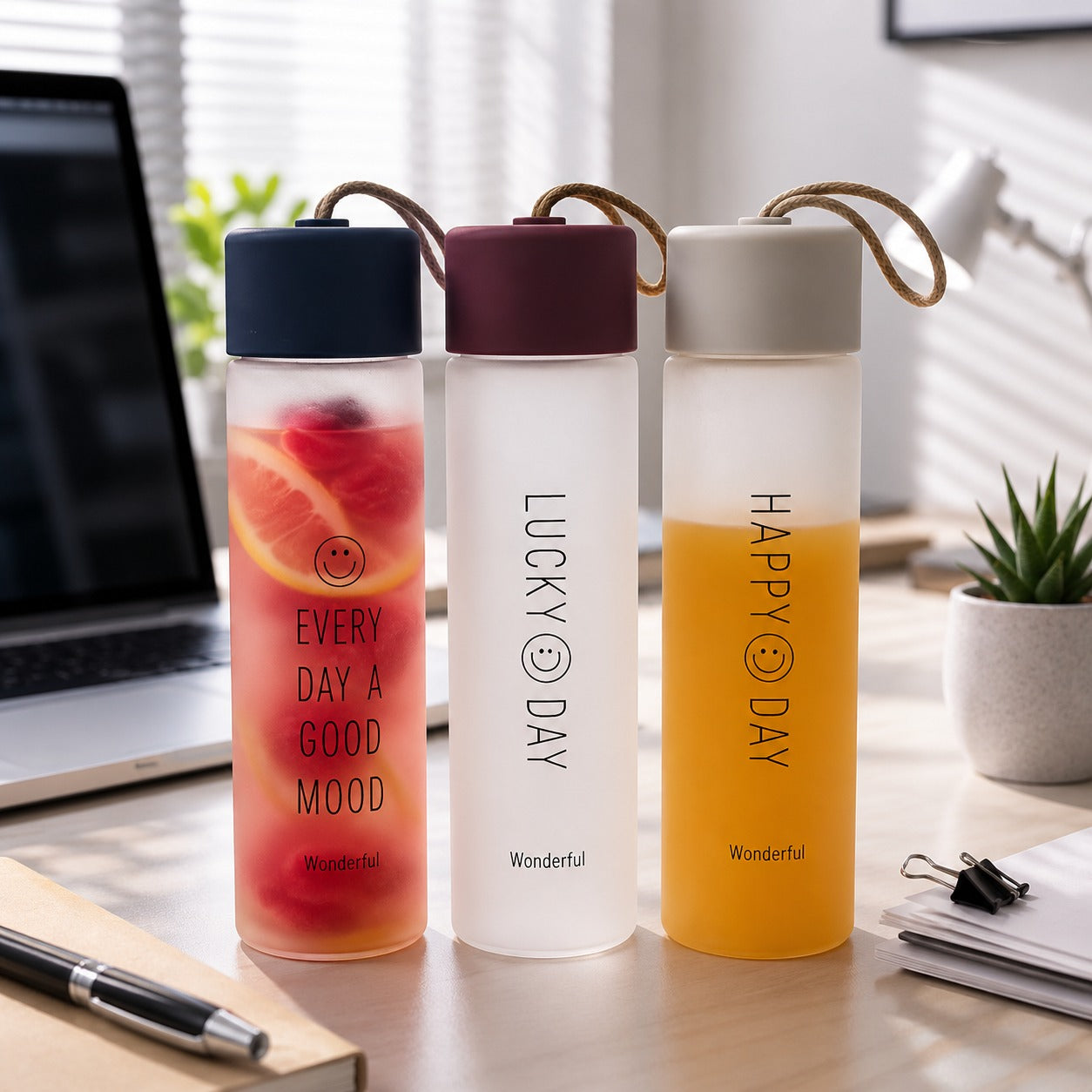 (B-044) (MOQ: 4 Pcs) Smiley Glass 350 Ml Water Bottle