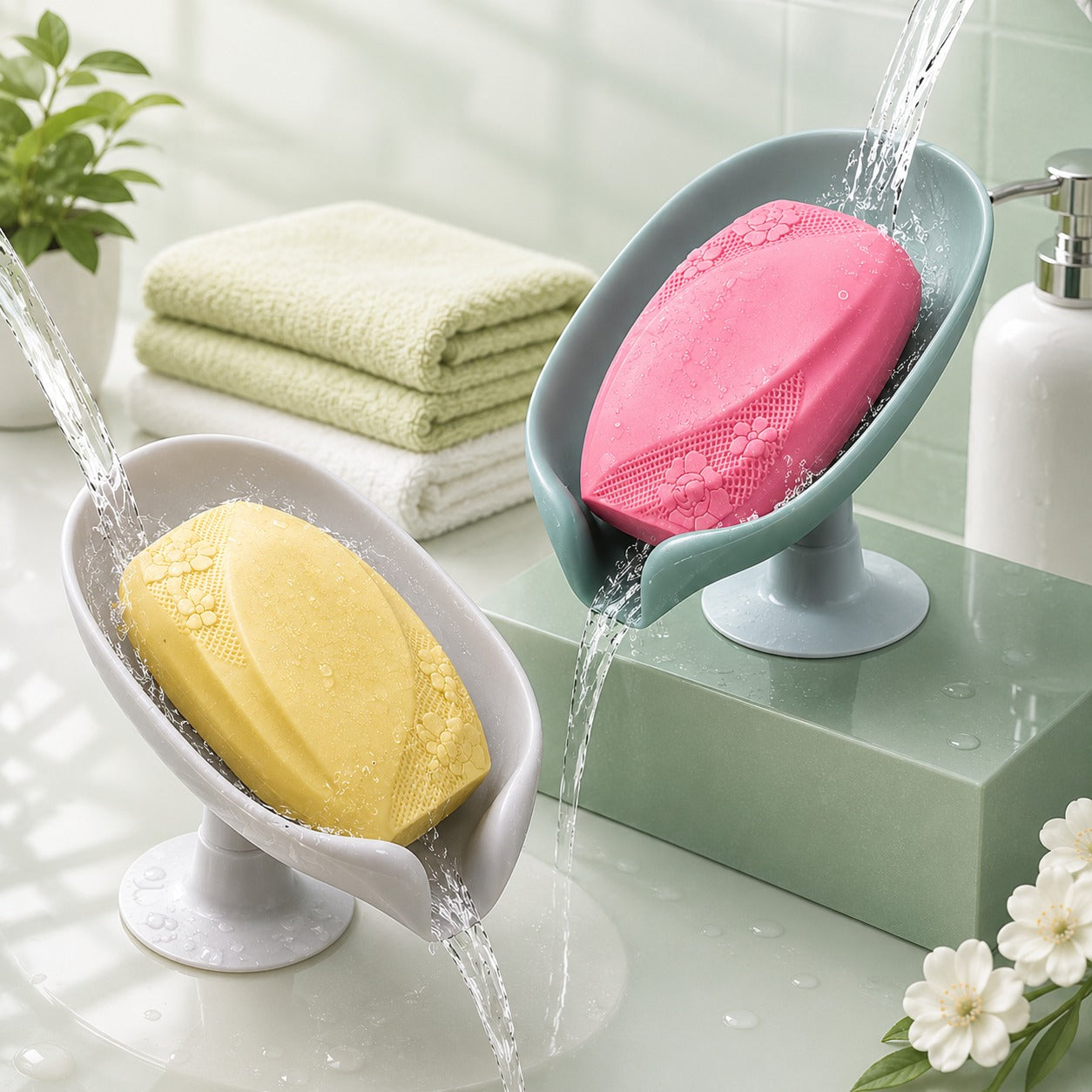 (HL-015) (MOQ : 4 Pcs) Leaf-Shaped Soap Holder Tray with Auto Drain