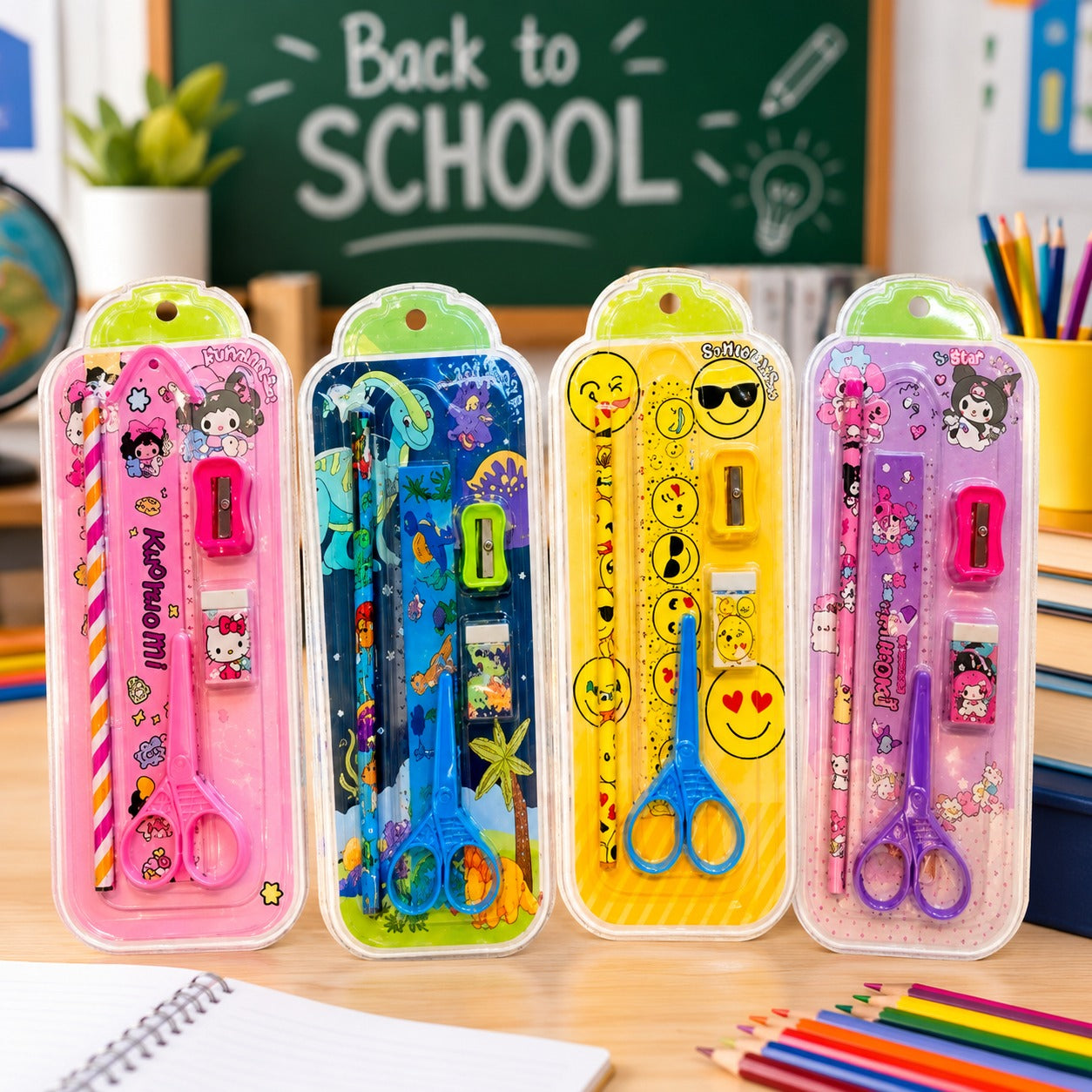 (S-011) (MOQ: 4 Pcs) Kids Stationery Set with Pencil, Ruler, Sharpener, Eraser & Scissors