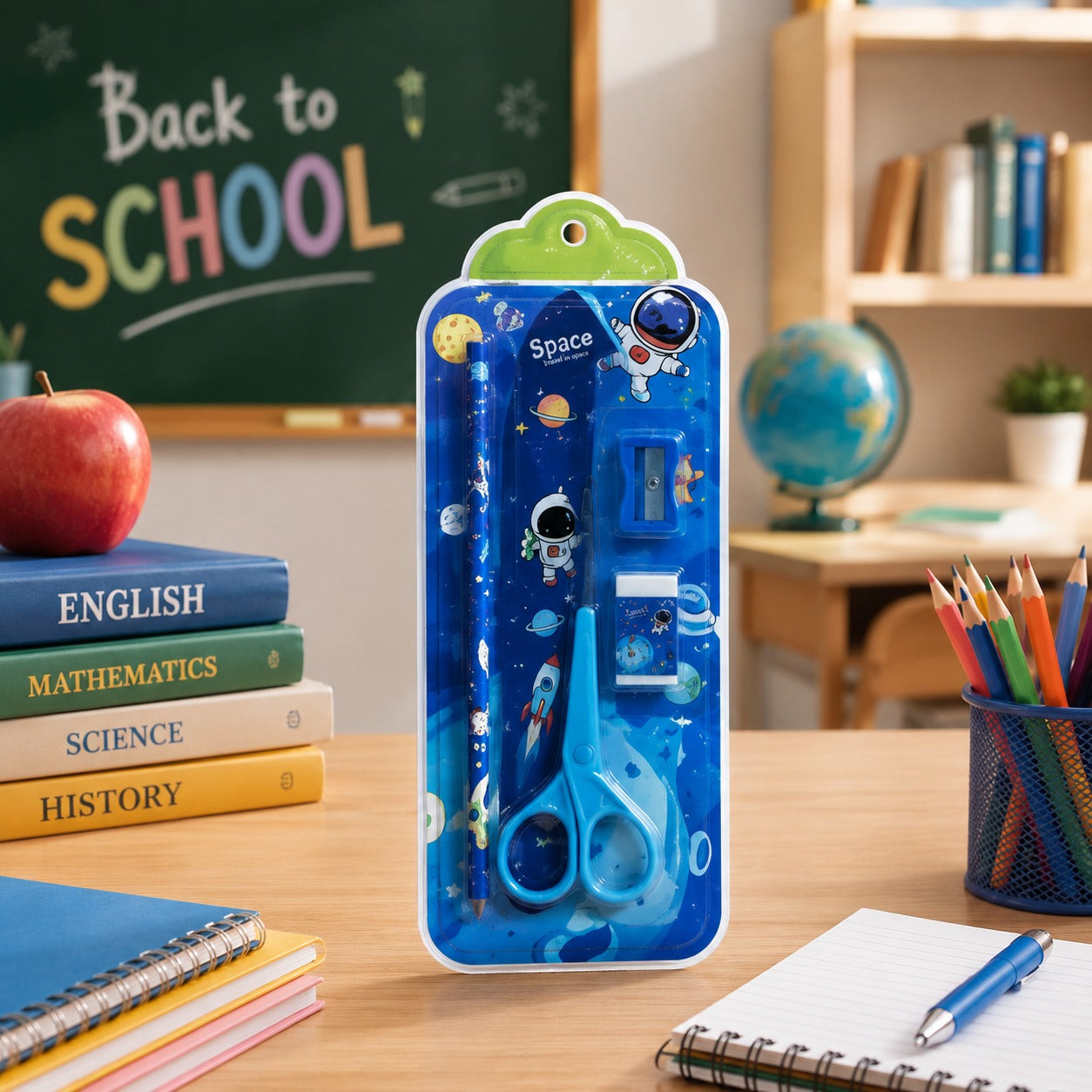 (S-011) (MOQ: 4 Pcs) Kids Stationery Set with Pencil, Ruler, Sharpener, Eraser & Scissors