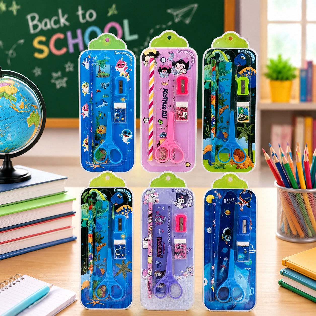 (S-011) (MOQ: 4 Pcs) Kids Stationery Set with Pencil, Ruler, Sharpener, Eraser & Scissors