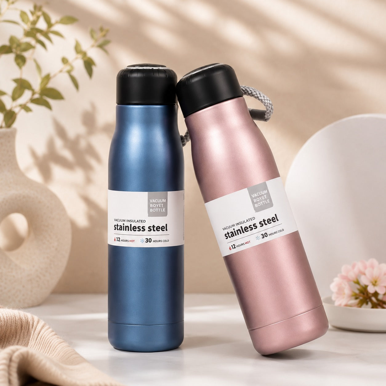 (B-010) Stainless Steel Hot & Cold 550ml  Double Wall Flask with Strap