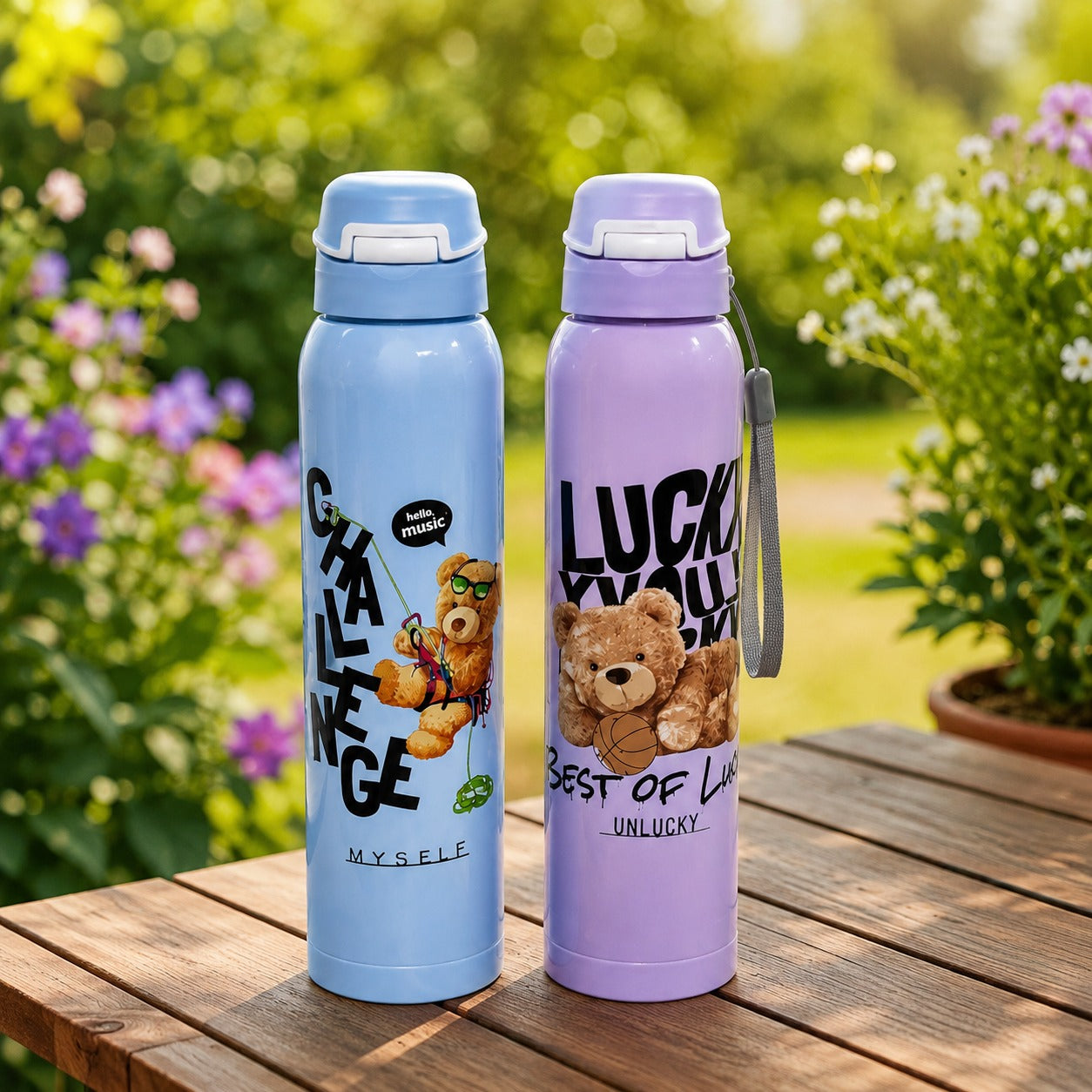 (B-046) Teddy Bear Print Insulated 750ML Stainless Steel Bottle – Leakproof Vacuum Flask