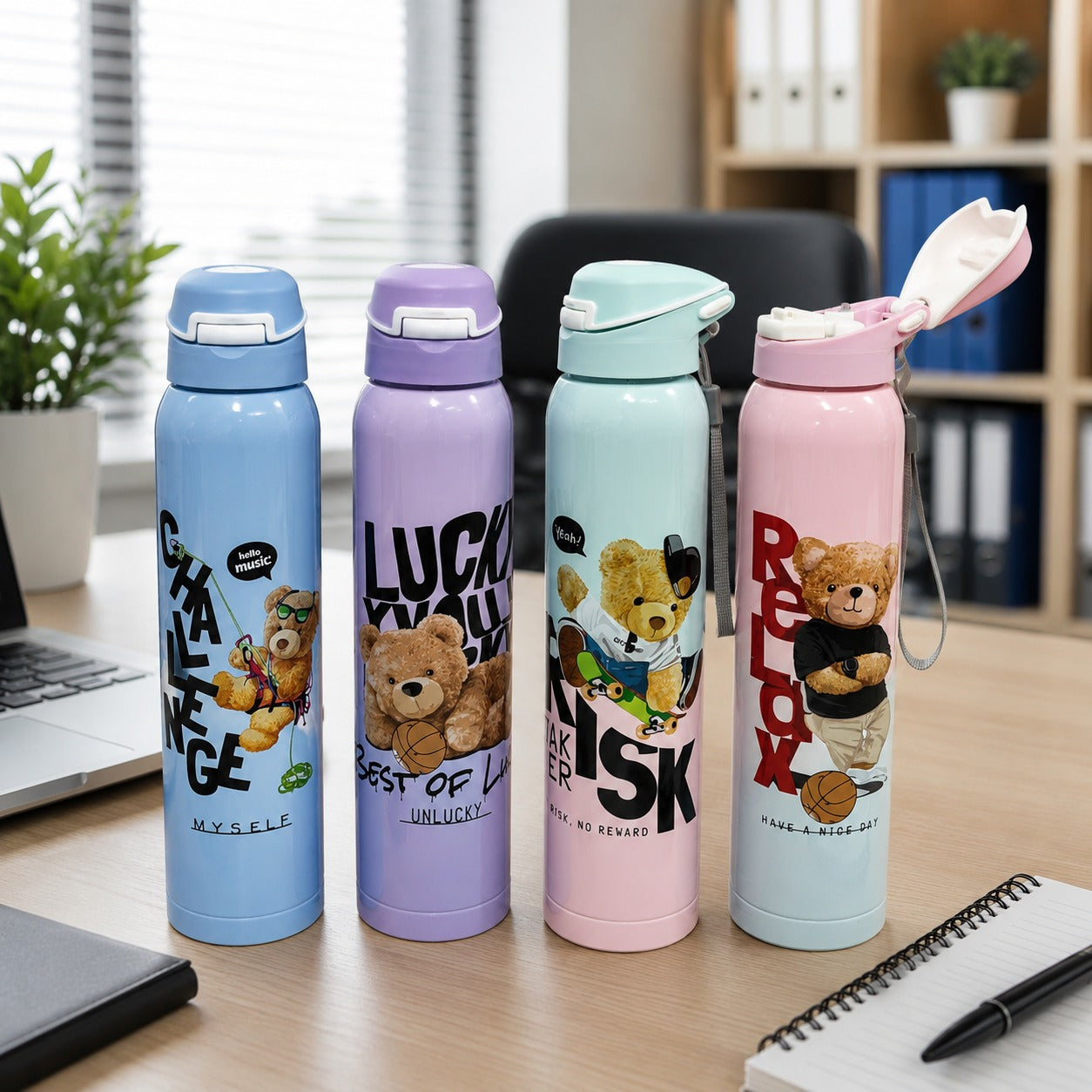 (B-046) Teddy Bear Print Insulated 750ML Stainless Steel Bottle – Leakproof Vacuum Flask