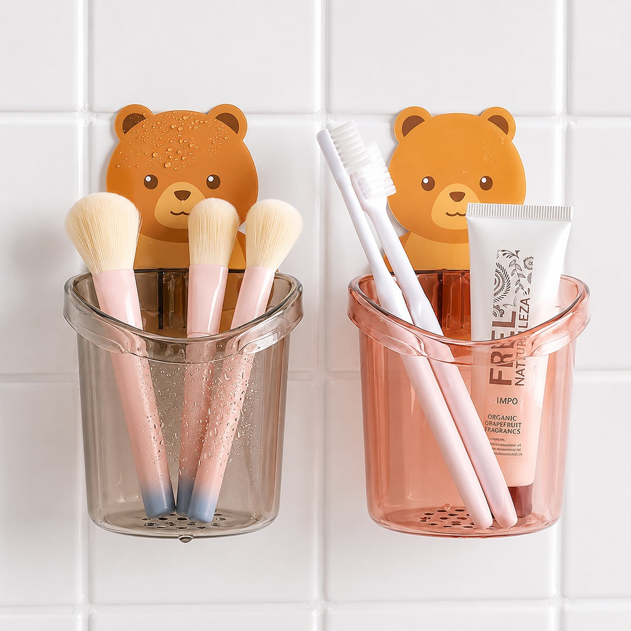 (HL-003) (MOQ: 15 Pcs) Cute Teddy Bear Wall-Mounted Toothbrush Holder