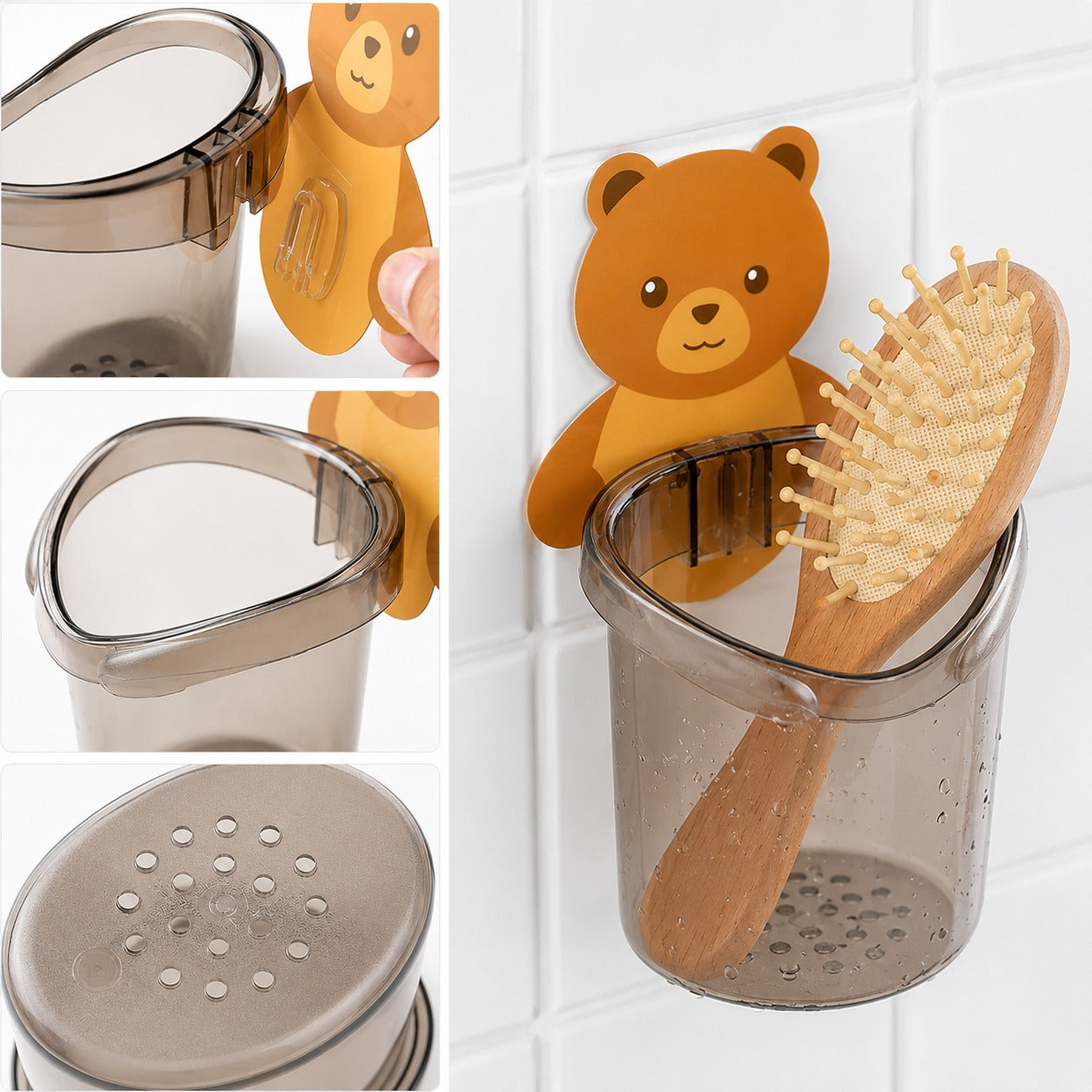 (HL-003) (MOQ: 15 Pcs) Cute Teddy Bear Wall-Mounted Toothbrush Holder