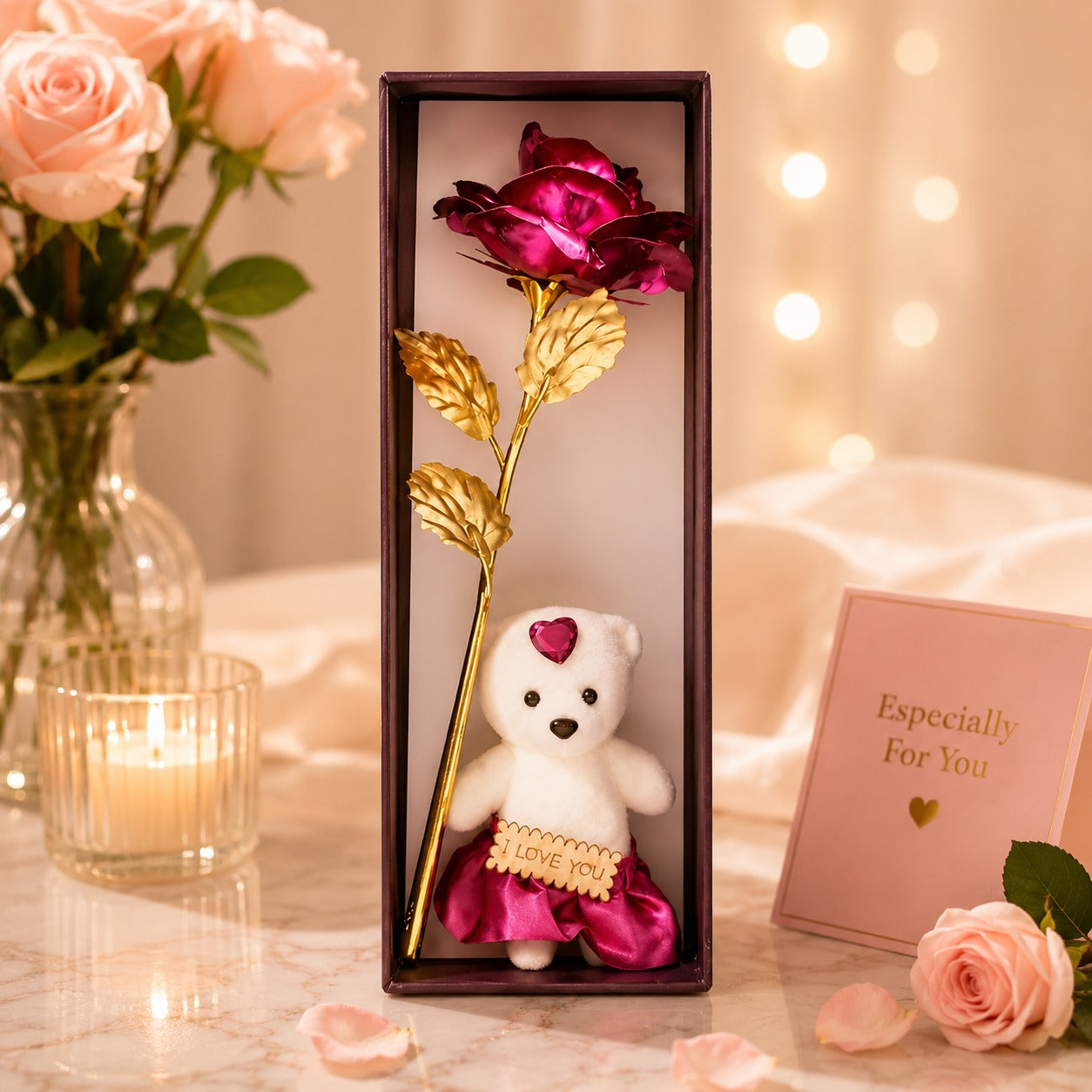 (G-004) Love Teddy with Rose – Cute Romantic Gift for Special Occasions