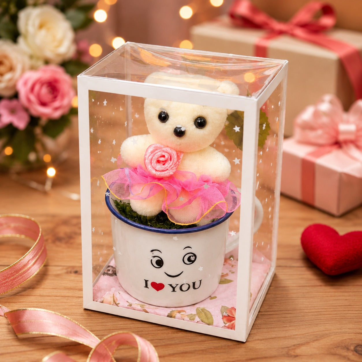 (G-005) (MOQ - 4 Pcs) Cute Teddy Bear in “I Love You” Mug Gift Box
