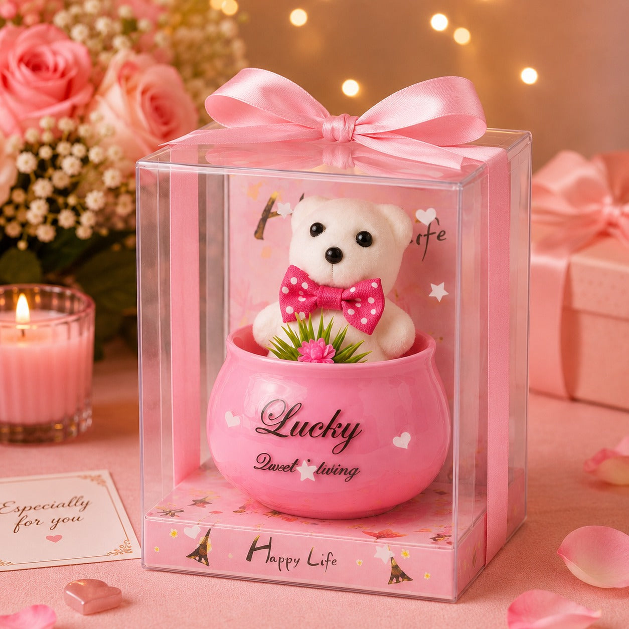 (G-007) (MOQ: 4 Pcs) Lucky Teddy Bear in Ceramic Pot with Artificial Plant