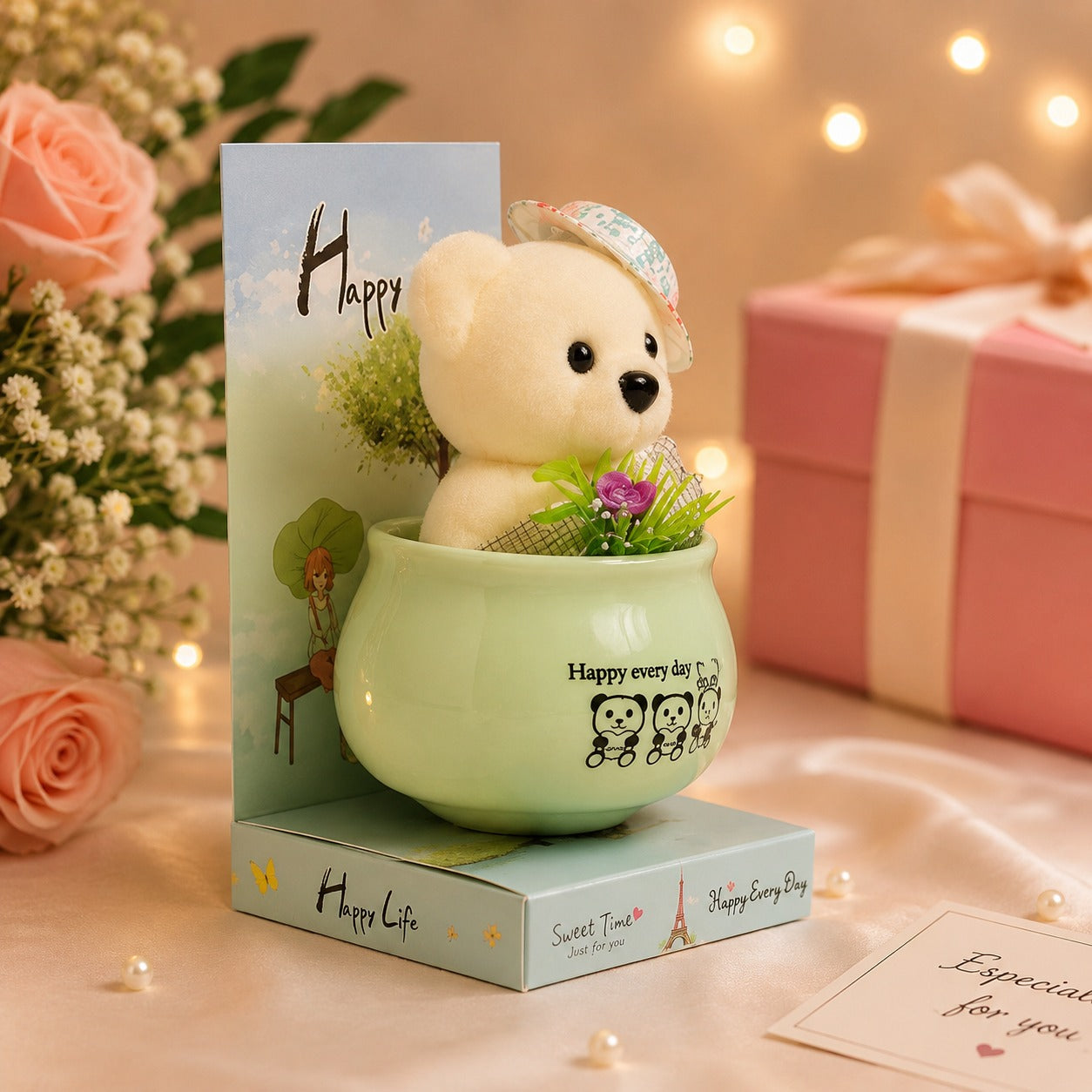 (G-007) (MOQ: 4 Pcs) Lucky Teddy Bear in Ceramic Pot with Artificial Plant