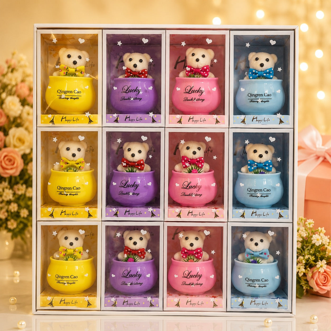 (G-007) (MOQ: 4 Pcs) Lucky Teddy Bear in Ceramic Pot with Artificial Plant