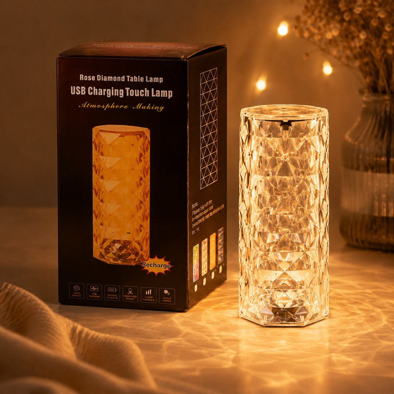 (LI-025) Rose Diamond Table Lamp – USB Rechargeable Touch Control Crystal LED Lamp