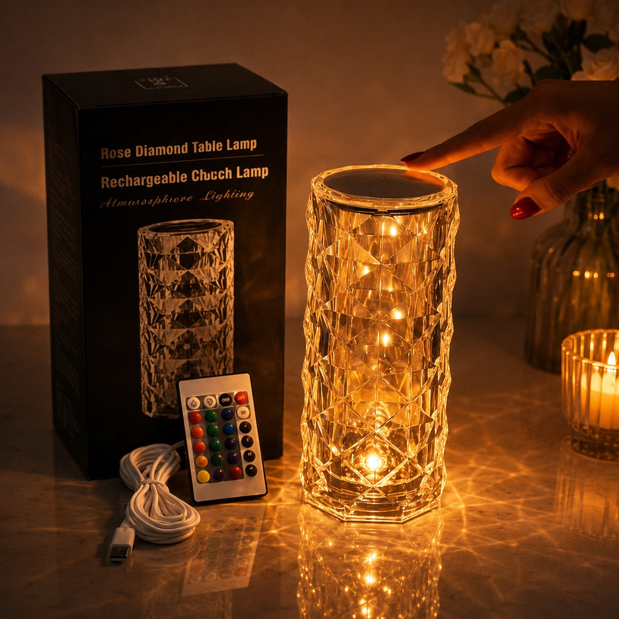 (LI-025) Rose Diamond Table Lamp – USB Rechargeable Touch Control Crystal LED Lamp