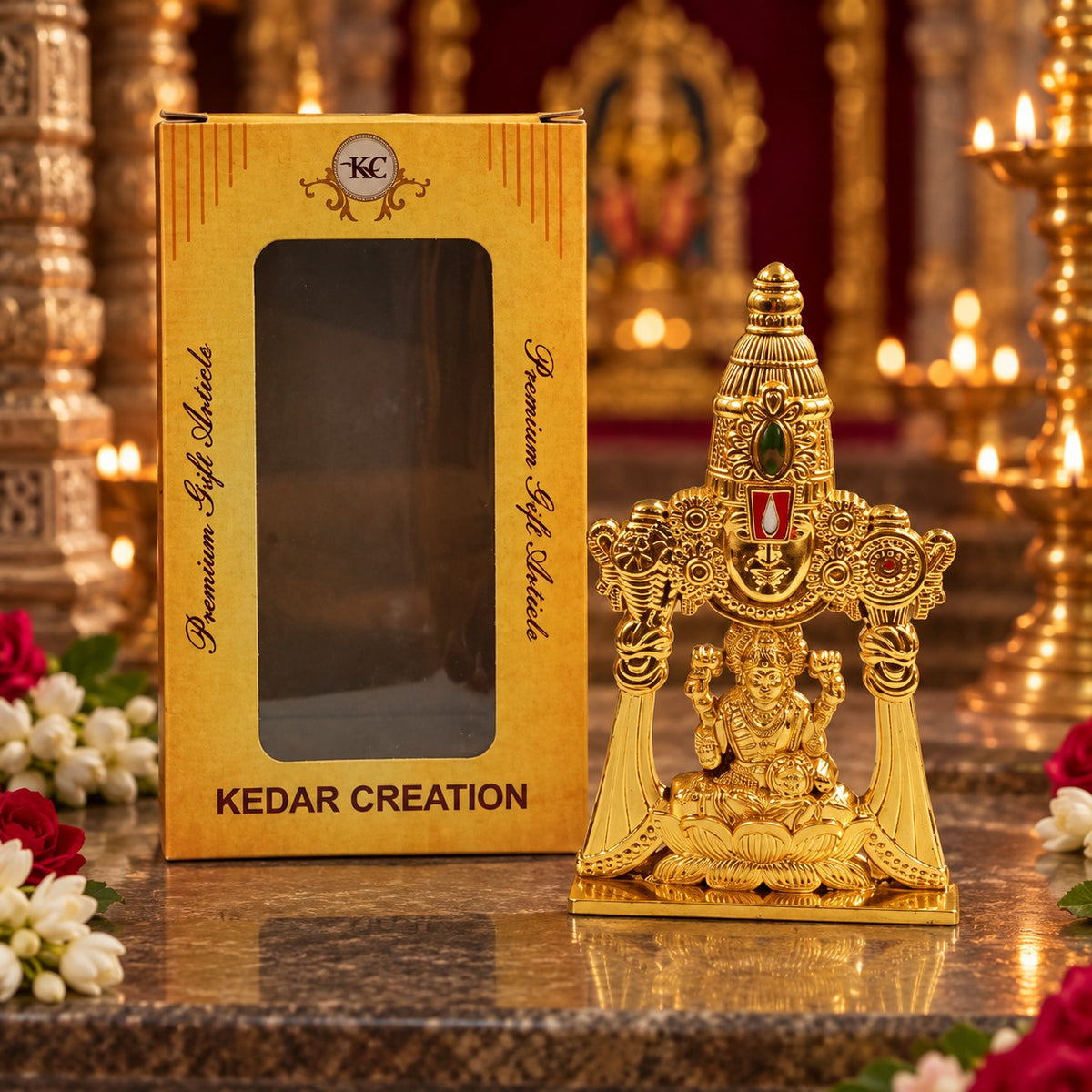 (MG25) (MOQ: 10 Pcs) Lord Balaji with Lakshmi Golden Metal Coated Idol for Pooja