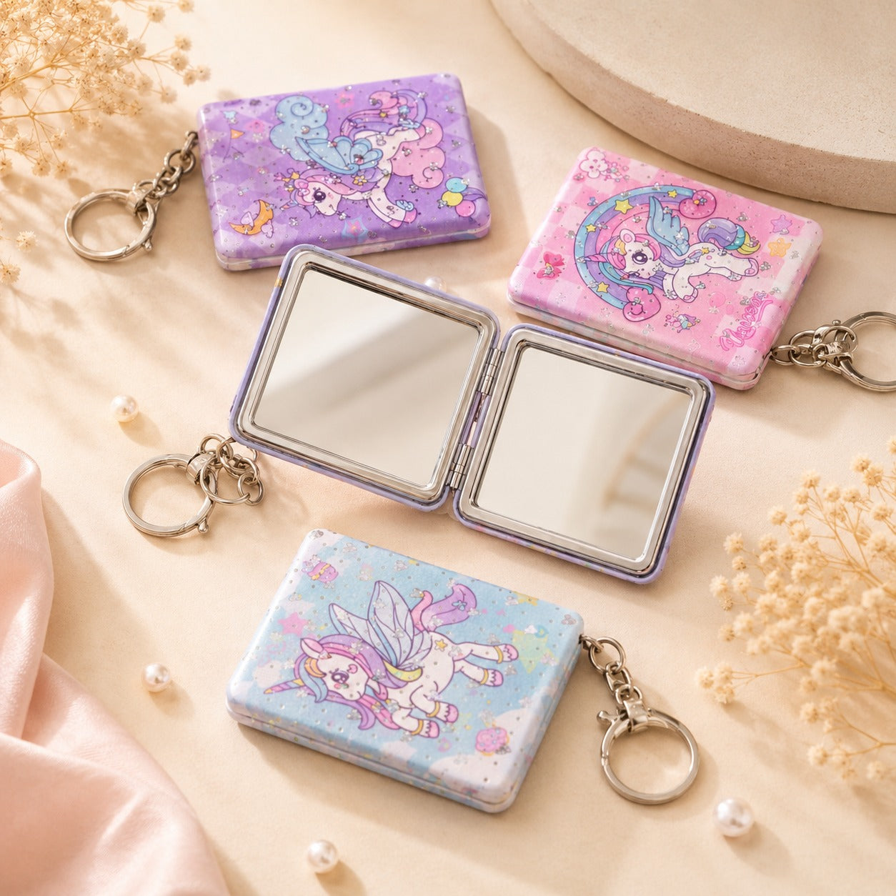 (KC-027) Cute Unicorn Compact Mirror with Keychain – Portable Mini