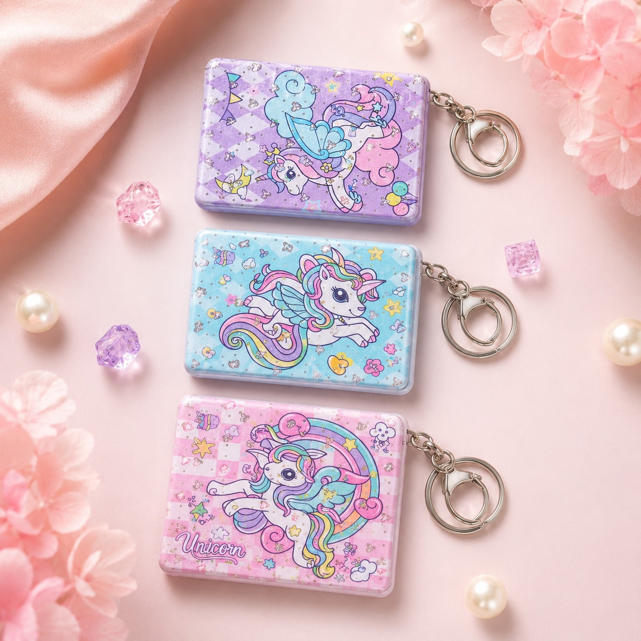 (KC-027) Cute Unicorn Compact Mirror with Keychain – Portable Mini