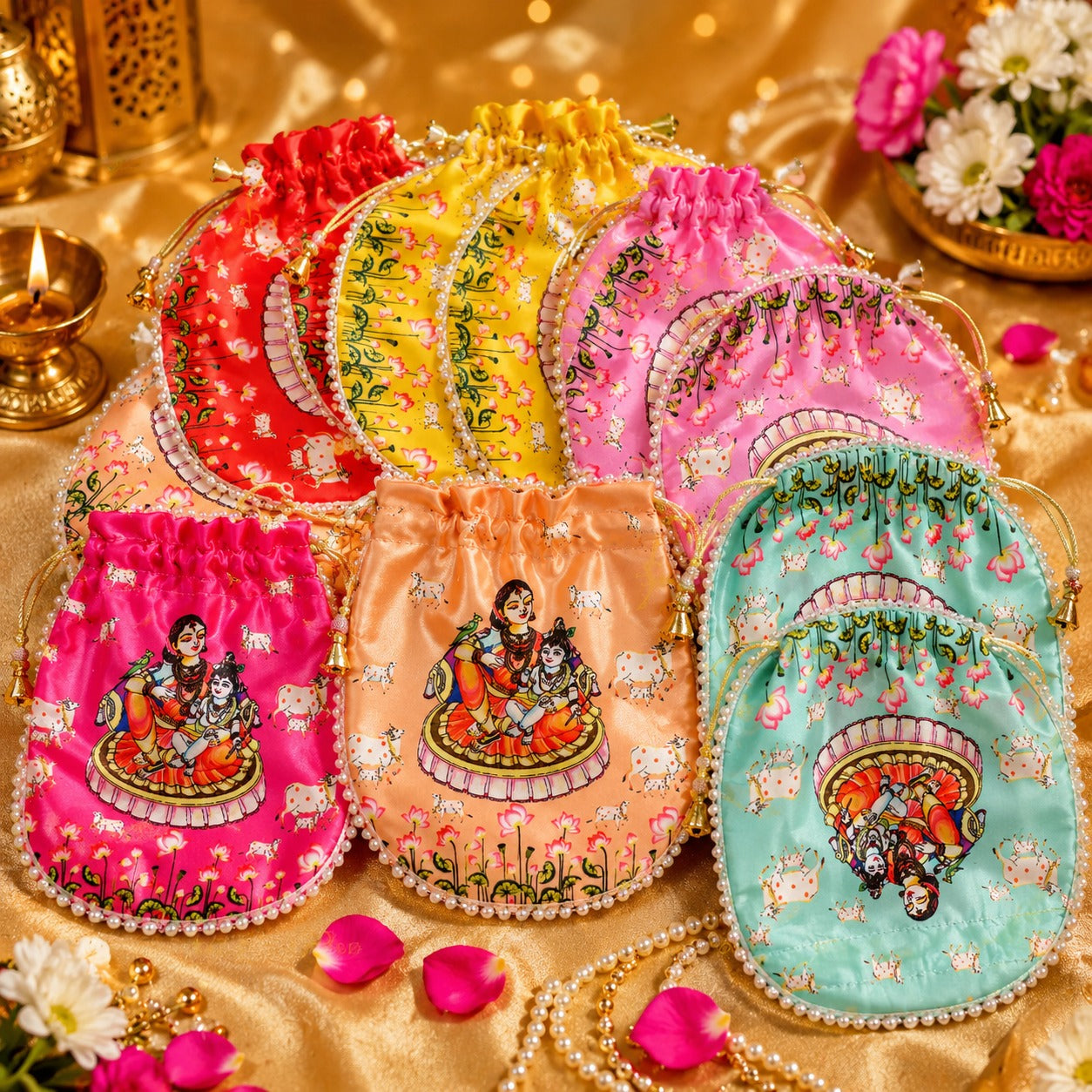 (R-008) (MOQ: 10 Pcs) Vibrant Designer Potli Bags for Return Gifts
