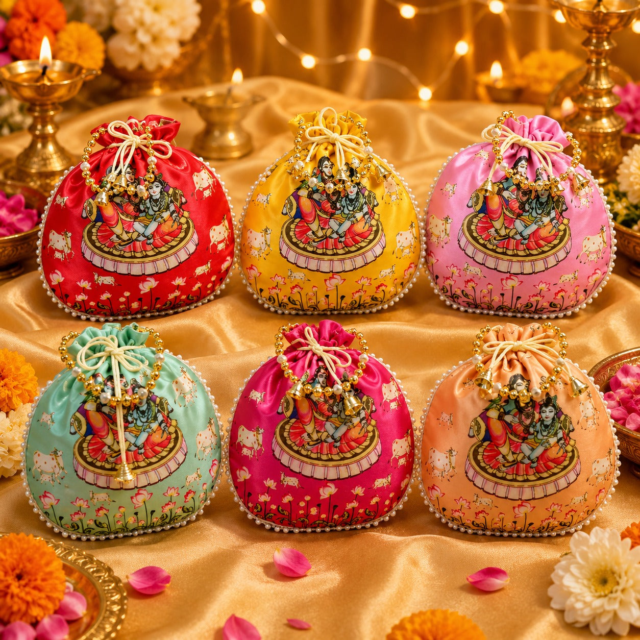 (R-008) (MOQ: 10 Pcs) Vibrant Designer Potli Bags for Return Gifts