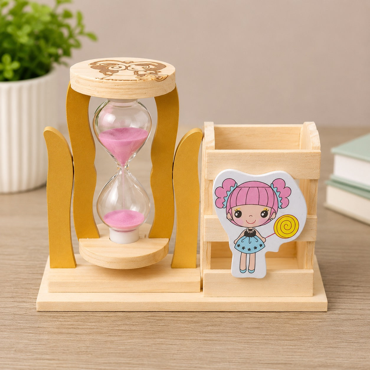 (G-037) Wooden Pen Holder with Sand Timer - Organizer with Hourglass