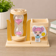 (G-037) Wooden Pen Holder with Sand Timer - Organizer with Hourglass