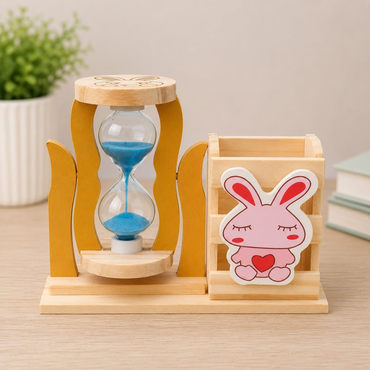 (G-037) Wooden Pen Holder with Sand Timer - Organizer with Hourglass
