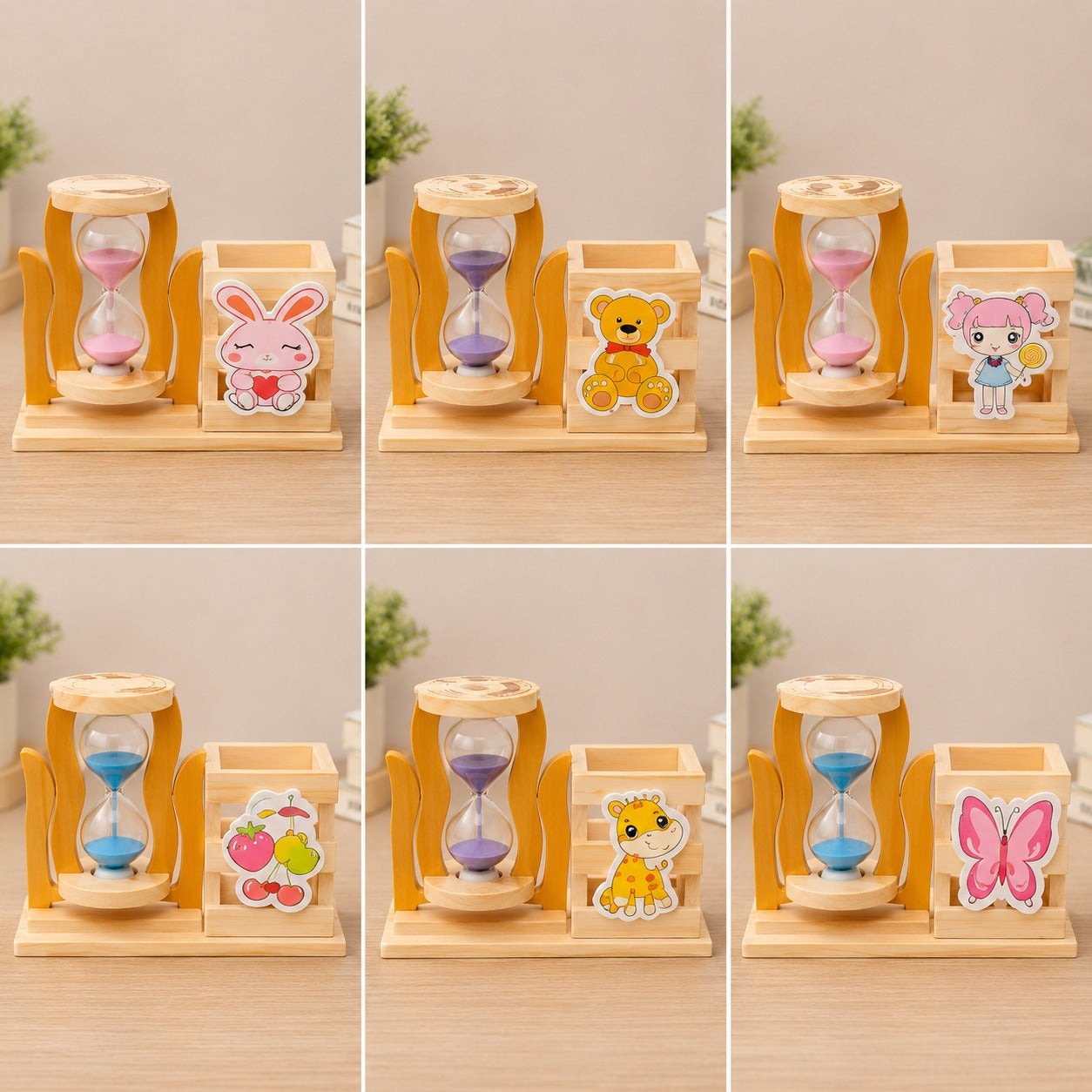 (G-037) Wooden Pen Holder with Sand Timer - Organizer with Hourglass